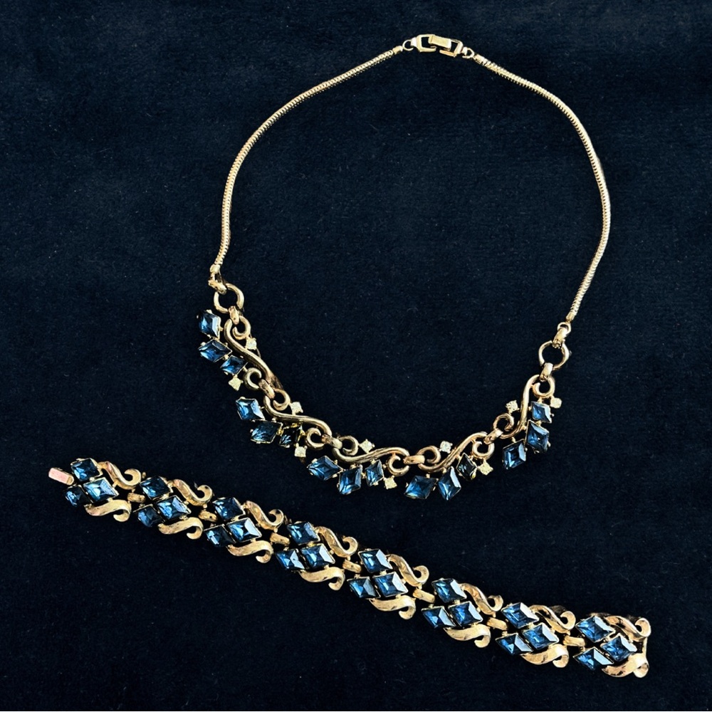 Vintage Trifari Gold & Blue Rhinestone Choker & Bracelet Set (c. 1950s/60s)